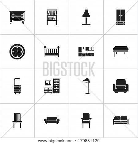 Set Of 16 Editable Furnishings Icons. Includes Symbols Such As Illuminant, Commode, Bookrack And More. Can Be Used For Web, Mobile, UI And Infographic Design.