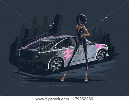 Beautiful girl at auto show. Presentation of new car model. Vector illustration