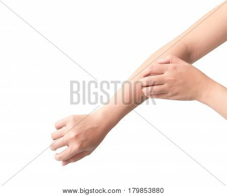 Woman hand scratching on white background for healthy concept
