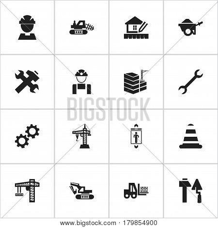Set Of 16 Editable Building Icons. Includes Symbols Such As Warning Cone, Home Scheduling, Trolley And More. Can Be Used For Web, Mobile, UI And Infographic Design.