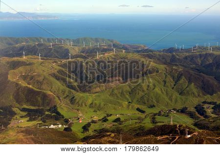 Aerial view of the Wind Farm Electricity generation on the Makara Hills in the western suburbs of Wellington city New Zealand.