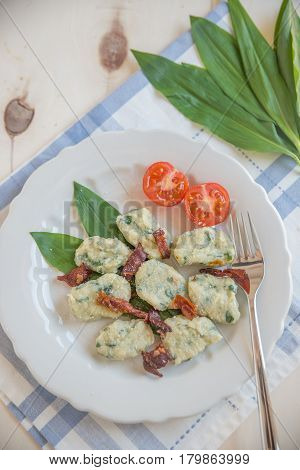home made wild garlic gnocchi with bacon and cheese