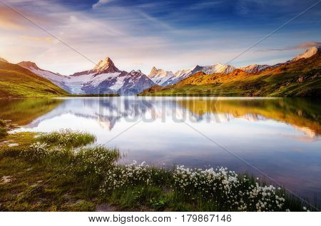 Captivating scene of the snow rocky massif. Picturesque day. Location place Bachalpsee in Swiss alps, Grindelwald, Bernese Oberland, Europe. Wonderful image of wallpaper. Explore the world's beauty.