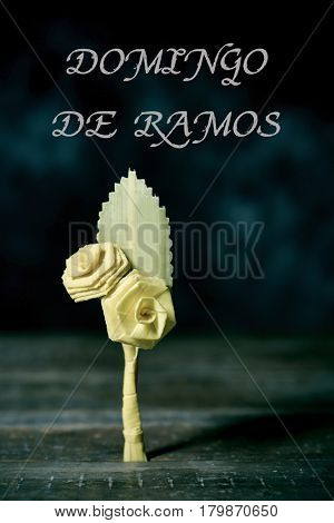 the text text Domingo de Ramos, Palm Sunday in Spanish, and a small traditional Spanish braided palm to be blessed on this day on a rustic wooden surface