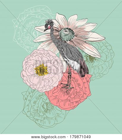 Vector sketch of a shadoof with flowers. Hand drawn illustration