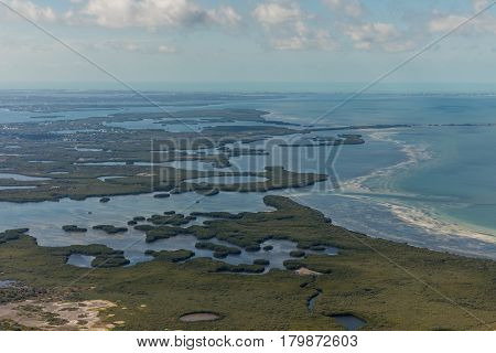 Aerial view of city Bradenton Florida. Approach to land at the airport in St. Petersburg. Manatee River Florida