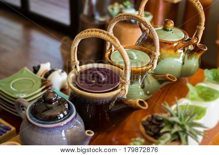 Group Of Hot Ceramic Teapots stock photo