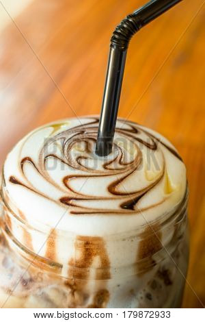 Iced Coffee With Chocolate Sauce stock photo