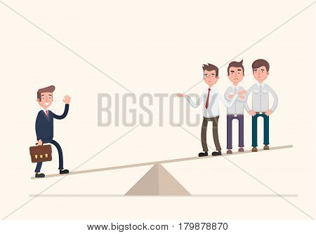 One businessman on one side of weighing scale is heavier than many executives the other side. Vector illustration in a flat style.