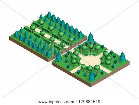 Isometric view projection summer landscape. Nature appearance of park with trees. Set of two locations. Stock vector.