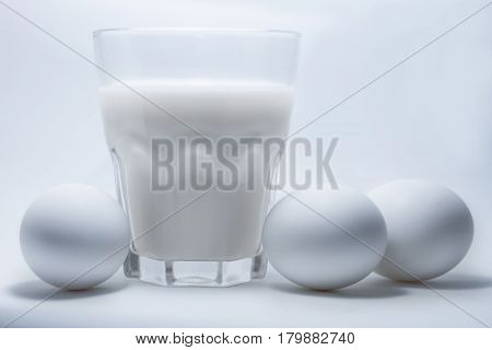 A glass of milk on a white background eggs