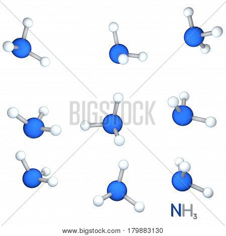 Ammonia model molecule. Isolated on white background. 3D rendering illustration.