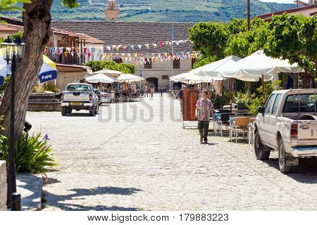 CYPRUS, OMODOS - 10 MAY 2012: View on street in Omodos village, Cyprus