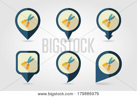 Secateurs pruner averruncator flat vector pin map icon. Map pointer. Map markers. Garden eps 10