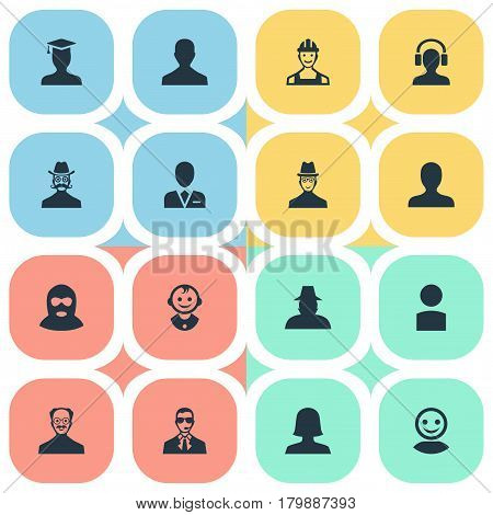 Vector Illustration Set Of Simple Avatar Icons. Elements Male With Headphone, Insider, Workman And Other Synonyms Bodyguard, Culprit And Worker.