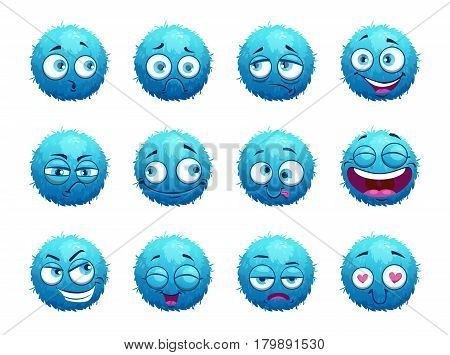 Funny blue round characters set. Cartoon emotion stickers on white background. Vector illustration.