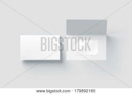 Blank white plastic card mockup inside paper booklet holder top view 3d rendering. Clear loyalty program folded brochure with certificate mock up opened and closed. Customer loyal booklet envelope.