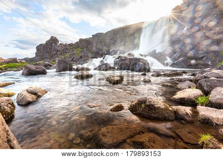 Oxararfoss Waterfall In Thingvellir National Park