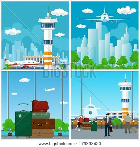 Arrivals at Airport Waiting Room with People View on Airplane through the Window and Luggage Bags for Traveling Plane in the Sky Travel and Tourism Concept Vector Illustration