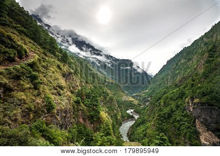 Green Valley On Manaslu Circuit In Himalaya Mountains, Nepal