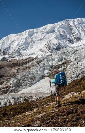 Trekker In Front Of Manaslu Glacier On Manaslu Circuit Trek In Nepal