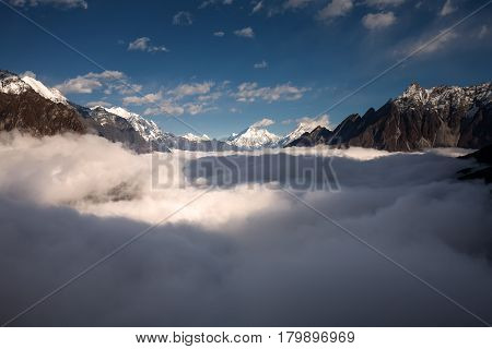 Manaslu valley covered with clouds on Manaslu circuit trek in Nepal