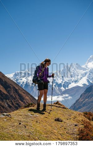 Trekker On Manaslu Circuit Trek In Nepal