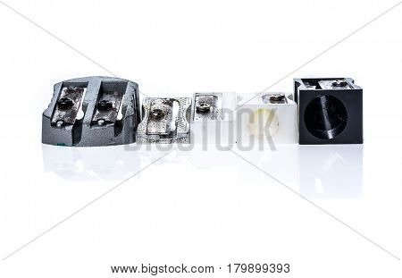 Different Old Used Silver Metallic Steel Plastic Pencil Sharpener.