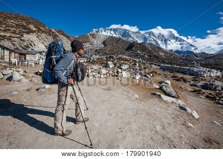 Trekker In Khumbu Valley On A Way To Everest Base Camp