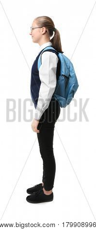Cute girl in school uniform on white background