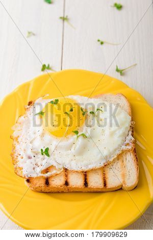 Toast With Egg In Yellow Plate With Micro-greenery On White Wooden Background. Healthy Breakfast.
