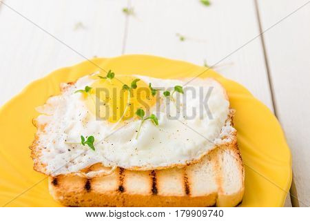 Toast With Egg In Yellow Plate With Micro-greenery On White Wooden Background. Healthy Breakfast.