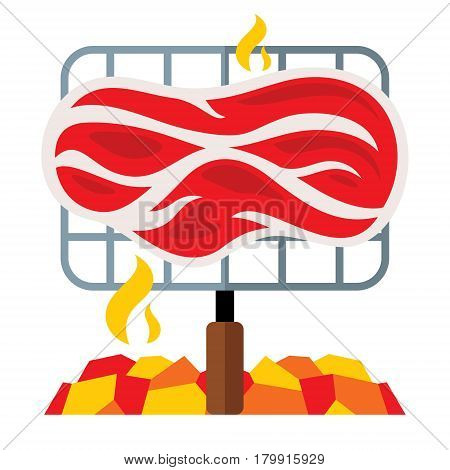Piece of ham on hot coals. Isolated on a white background