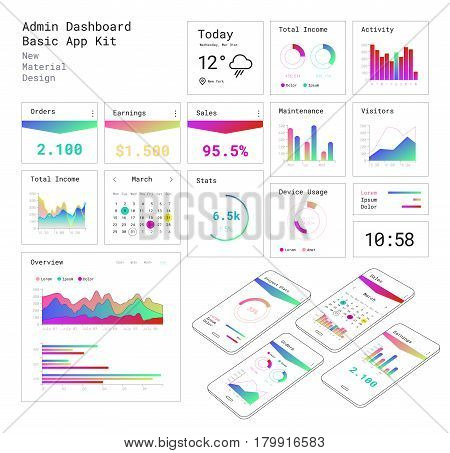 New Material design style responsive Management and Administration Dashbord UI mobile app template, with bright line and gradient elements. Smartphone mockups and infographics charts kit