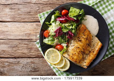 Tasty Roasted Fish Fillet Arctic Char And Fresh Vegetables Close-up. Horizontal Top View