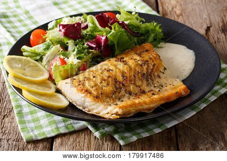 Grilled Char Fillet With Mixed Salad And Sauce On A Plate Close-up. Horizontal