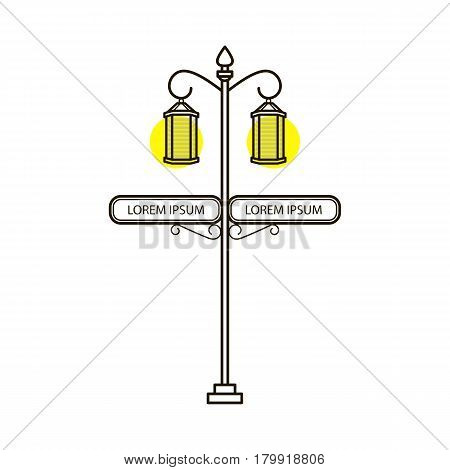 Vector streetlight in flat style with sign. Vintage outdoor light. Exterior illuminator with pointer. Street lamppost and banner blank advertisement. Trditional frame. Ancient architecture