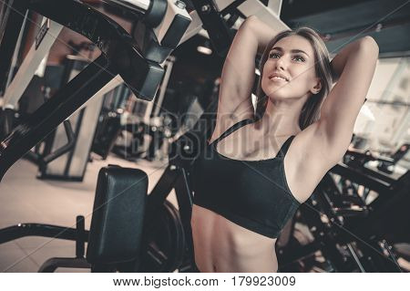 Beautiful Sexy Caucasian Fitness Girl Diet Training Triceps In Gym