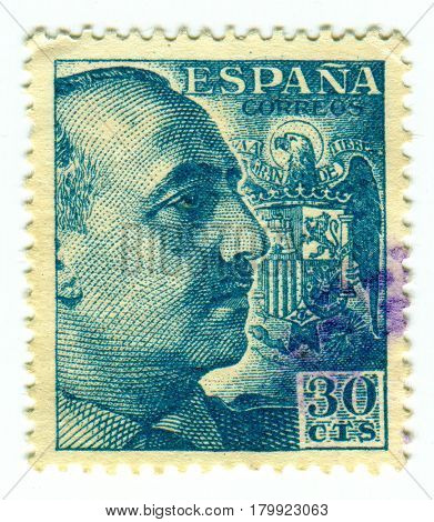GOMEL, BELARUS, 30 MARCH 2017, Stamp printed in Spain shows Francisco Franco Bahamonde was a Spanish general who ruled over Spain as a military dictator for 36 years, circa 1960.