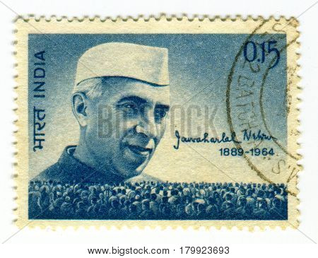 GOMEL, BELARUS, 1 APRIL 2017, Stamp printed in India shows image of the Jawaharlal Nehru was the first Prime Minister of India and a central figure in Indian politics, circa 1964  .