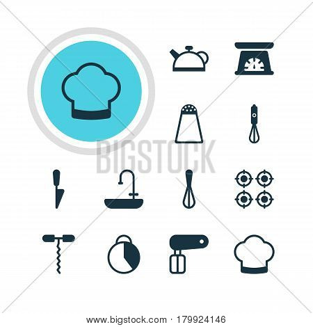 Vector Illustration Of 12 Kitchenware Icons. Editable Pack Of Pepper Container, Chef Hat, Teakettle And Other Elements.