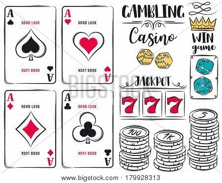 Set of gambling symbols ace dice chips vector illustration. Suitable for casino gambling and sites on the same topic.