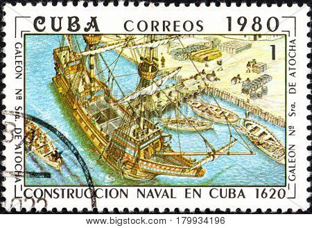UKRAINE - CIRCA 2017: A postage stamp printed in Cuba shows construction of the Cuban galleon Nuestra Senora de Atocha Our lady of Atocha from series Constructing of ships on Cuba circa 1980
