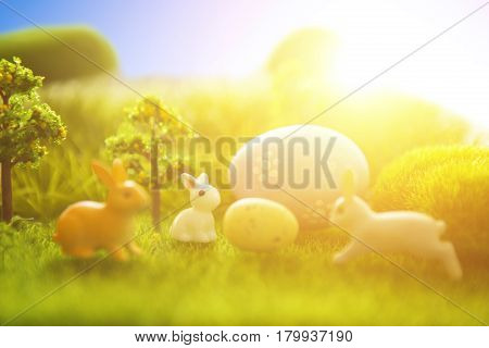Little Easter Bunny On Spring Green Grass. Macro.