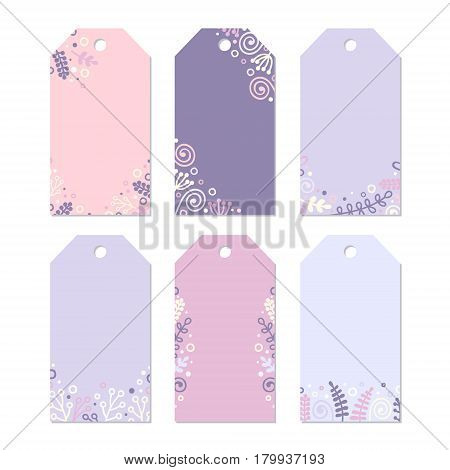 Set of six printable tags with hand drawn decor. Isolated. Collection of doodle spring label. Floral design vector illustration. Pastel colors - pink violet lilak yellow and white.