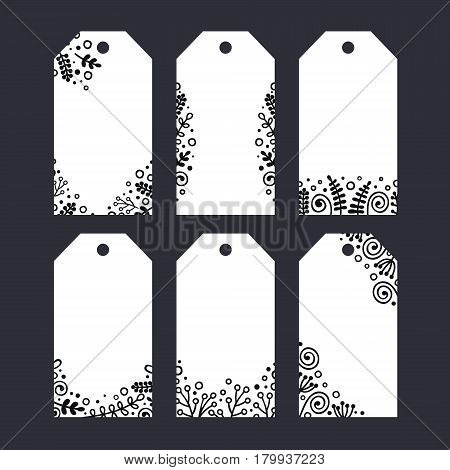 Set of six printable tags with hand drawn decor. Isolated. Floral design vector illustration. Doodle flowers dots curl bubble. Black and white colors.