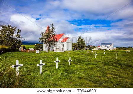 The ancient cemetery near the church in old village. Ethnographic Museum-estate Glaumbaer, Iceland. The concept of the historical and cultural tourism