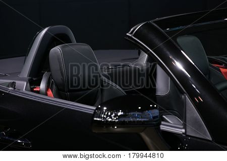 Black Leather Passenger Seat In Modern Sport Car, Side  View