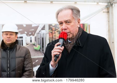 MOSCOW - JANUARY 27, 2015: Former Minister of Culture the rector of the Moscow State Conservatoire Alexander Sokolov speaks at a ceremony marking the start of construction of a new modern cultural center.
