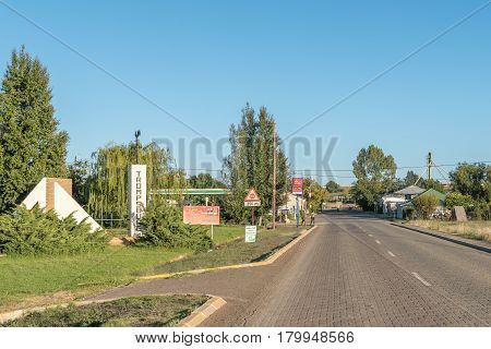 TROMPSBURG SOUTH AFRICA - MARCH 21 2017: A street scene at the entrance to Trompsburg a small town next to the N1 road in the Southern Free State Province